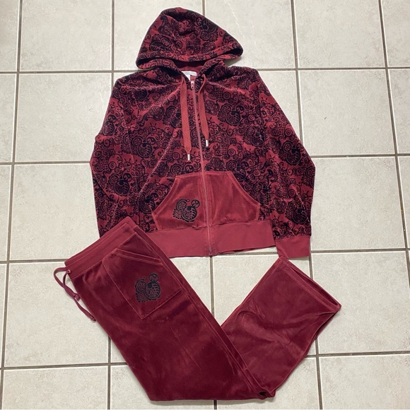 Disney Pants - Y2K Disney Parks Authentic XL Burgundy/Black Embossed Mickey Velour Sweatsuit